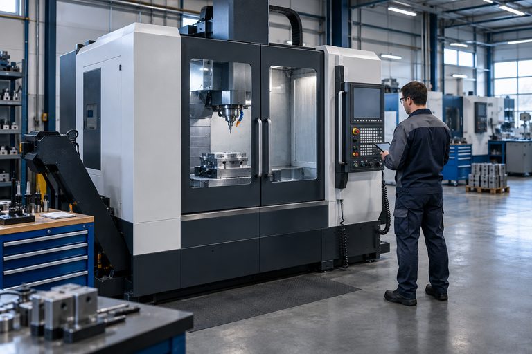 Service technician reviewing a modern CNC machining center